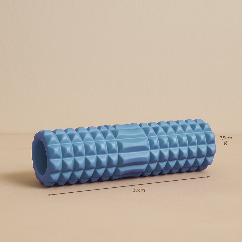 Rouleau de massage bleu en EVA avec dimensions 30 × 7,5 cm, idéal pour la récupération musculaire et les exercices d’étirement