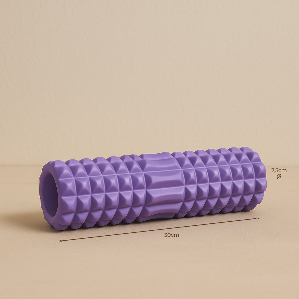 Rouleau de massage violet en mousse EVA avec dimensions 30 × 7,5 cm, idéal pour étirements et récupération musculaire