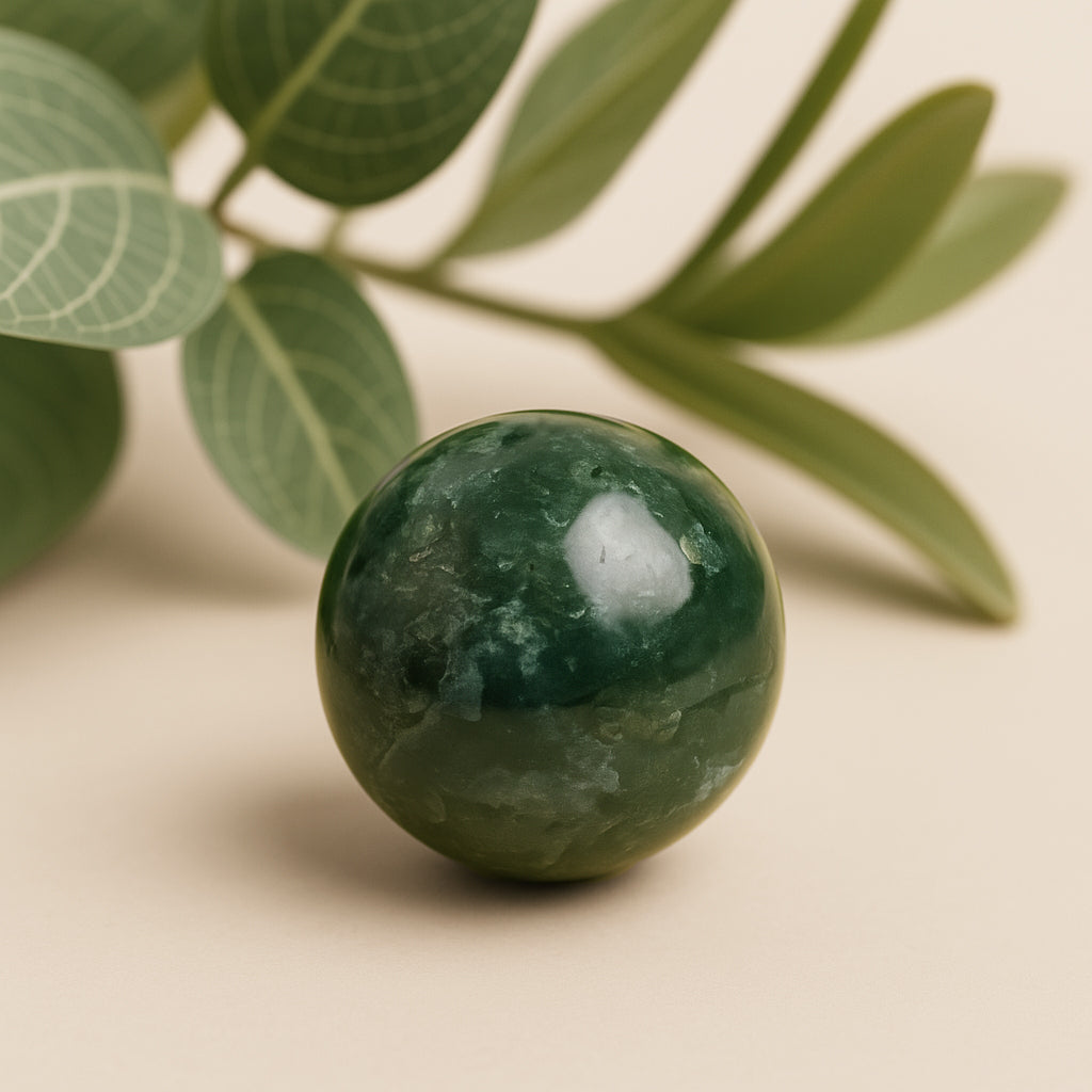Pierre précieuse en agate mousse verte naturelle, boule de 30 mm aux motifs verts, symbole d’ancrage, d’équilibre et de croissance personnelle