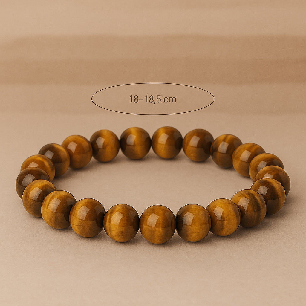 Bracelet en perles d’œil de tigre naturelle avec dimensions visibles, pierre bénéfique pour la clarté mentale, la protection spirituelle et la régénération énergétique