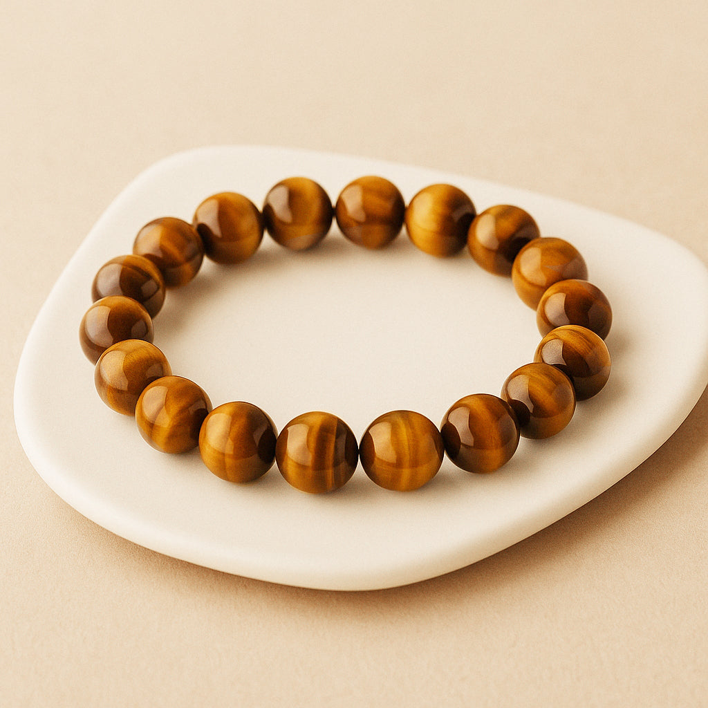 Bracelet en perles d’œil de tigre naturelle, pierre aux reflets dorés et bruns, symbole de protection, de force et de courage
