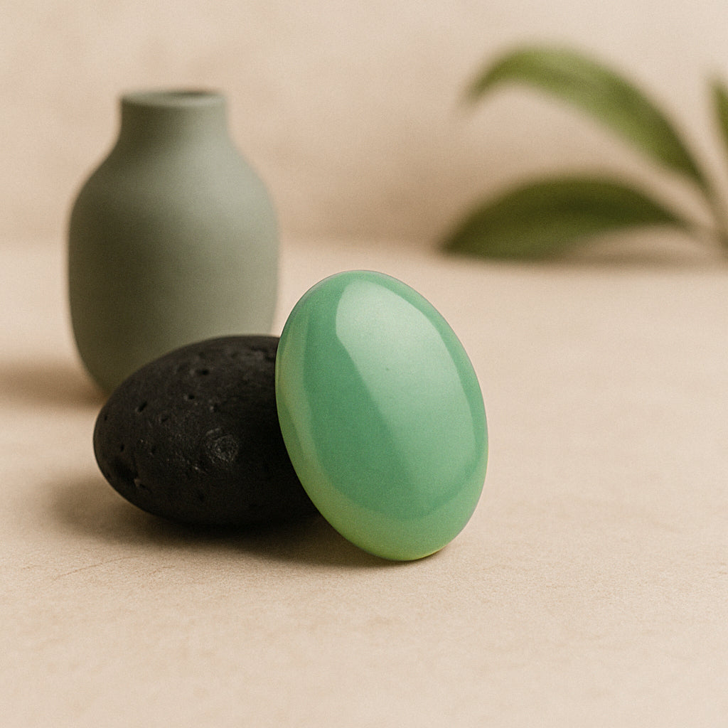 Cabochon en aventurine verte naturelle poli, pierre semi-précieuse utilisée en lithothérapie pour l’harmonie, la chance et l’apaisement émotionnel