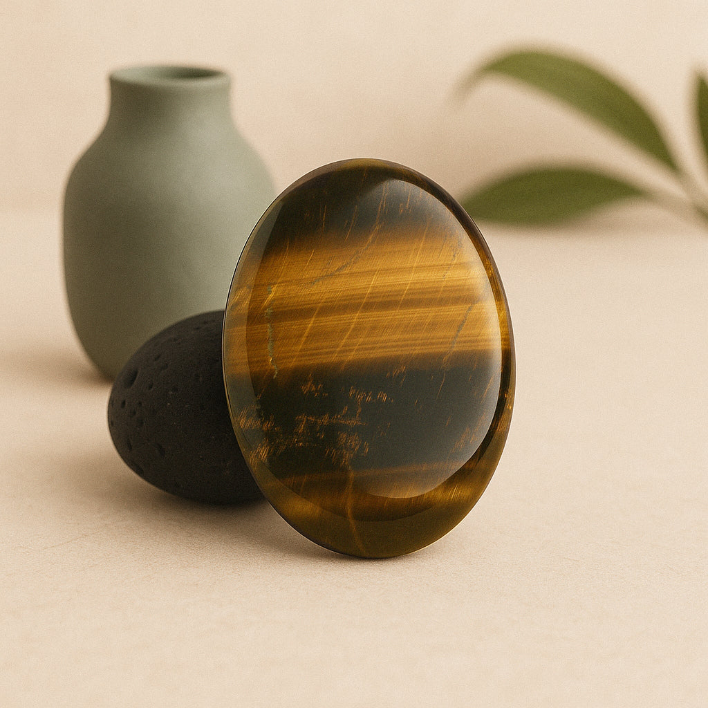 Cabochon en œil de tigre naturel poli, pierre précieuse aux reflets dorés utilisée en lithothérapie pour la protection et la force intérieure