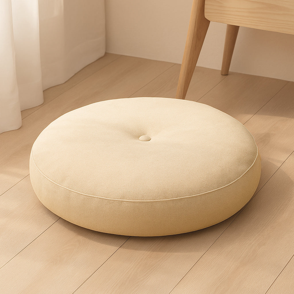Coussin de sol rond beige pour la méditation, le yoga ou l’assise au quotidien, confortable et au design naturel et épuré