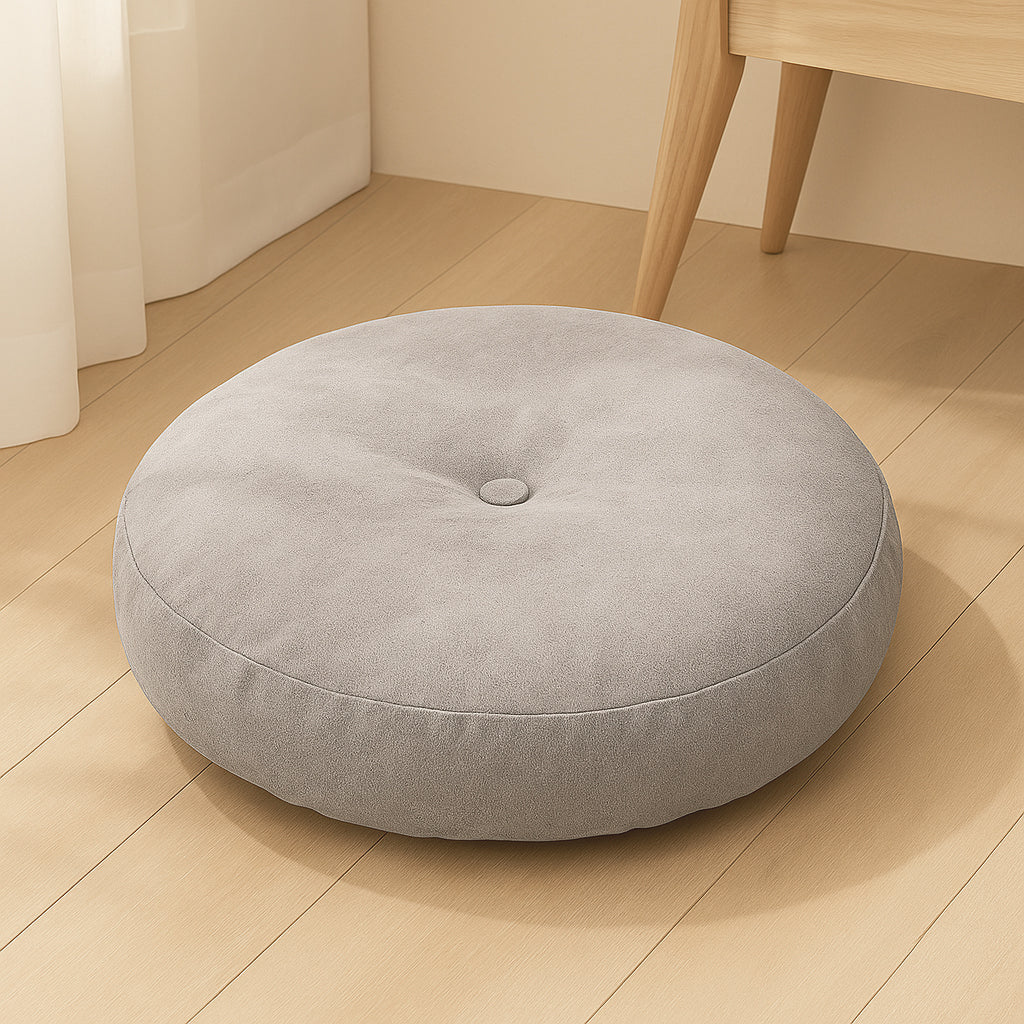 Coussin de sol rond gris pour méditation, yoga ou assise au sol, design minimaliste et rembourrage confortable pour un usage quotidien