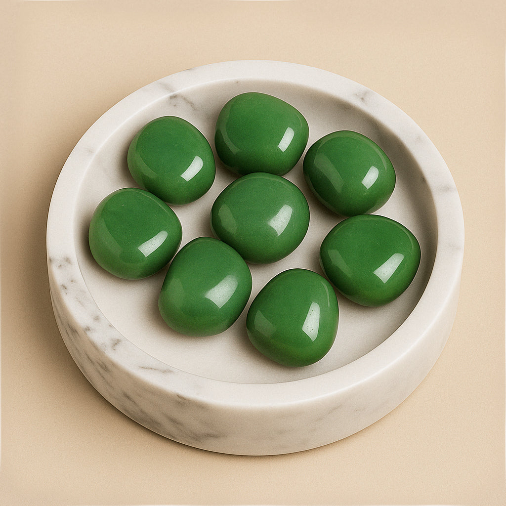 Lot de pierres naturelles d’aventurine verte dans un bac, pierres symbolisant la chance, la prospérité et l’harmonie intérieure