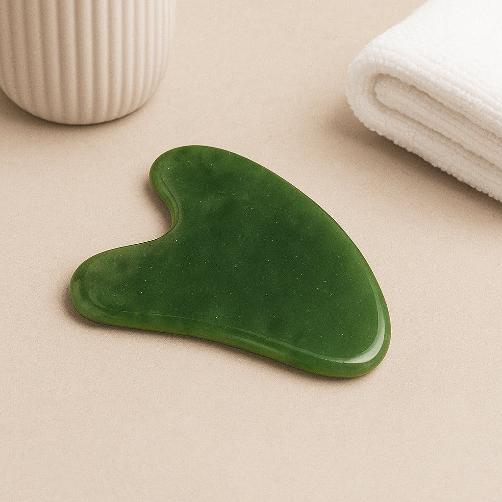 Pierre Gua Sha en aventurine verte naturelle, outil de massage utilisé pour apaiser les tensions, améliorer la circulation et favoriser l’harmonie intérieure
