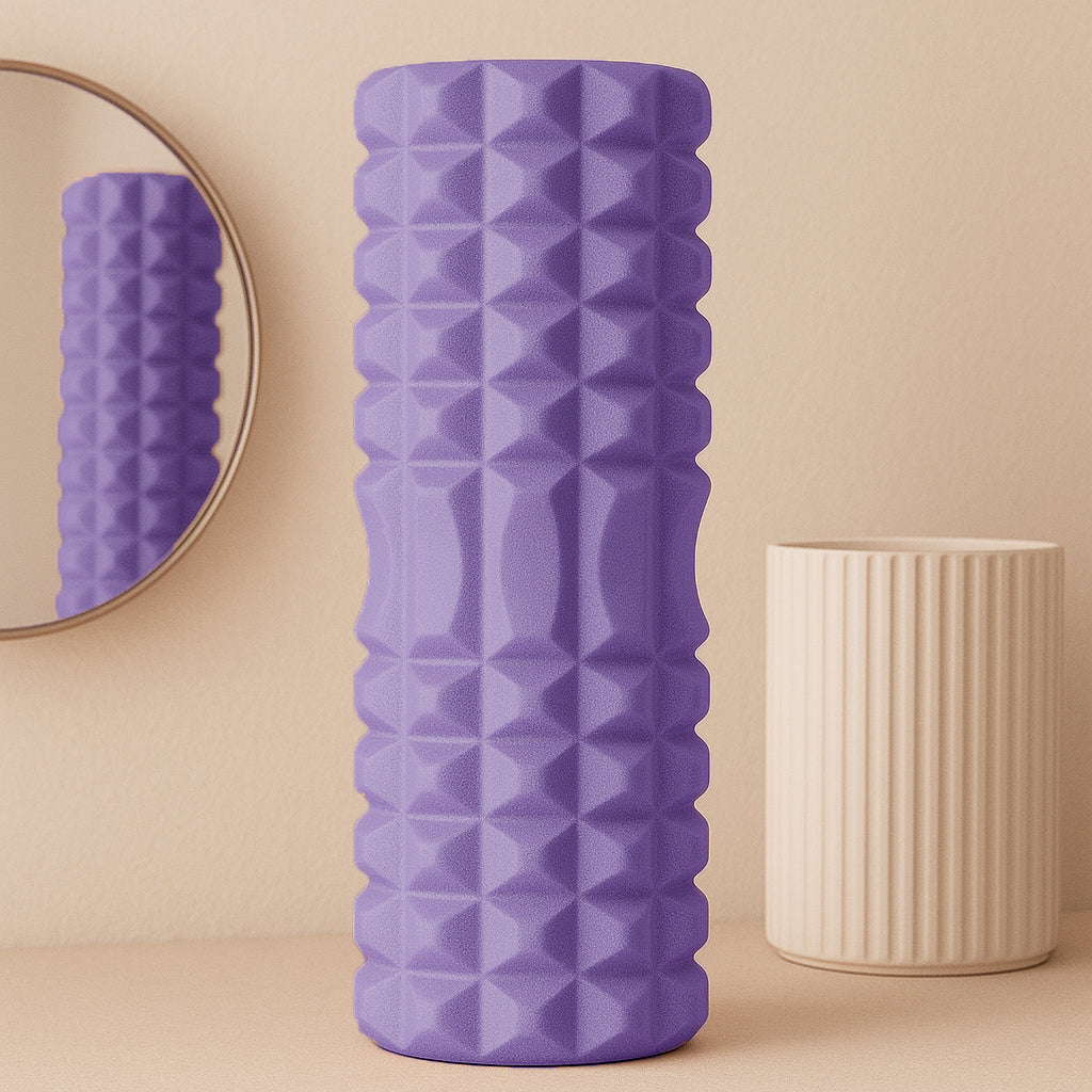 Rouleau de massage violet 30 cm en mousse EVA, accessoire léger et efficace pour yoga, pilates et auto-massage musculaire